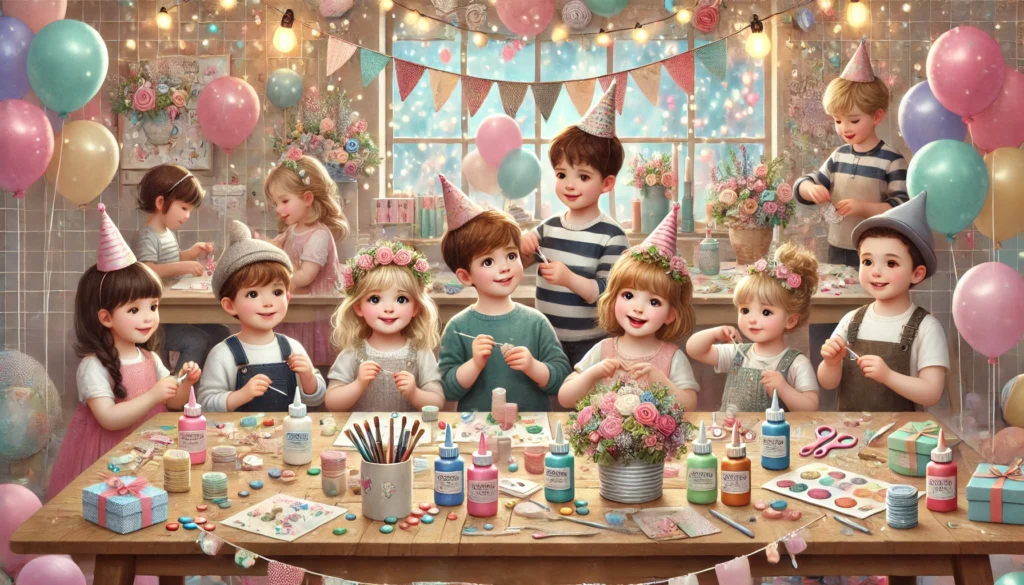 ילדים חמודים יושבים מסביב לשולחן ועושים יצירה, שולחן מלא בחומרים ליצירה כחלק מפעילות לילדים ליום הולדת