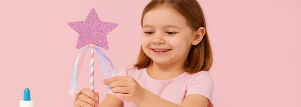 ילדה מראה איך להכין שרביט קסמים מחומרים שיש בבית