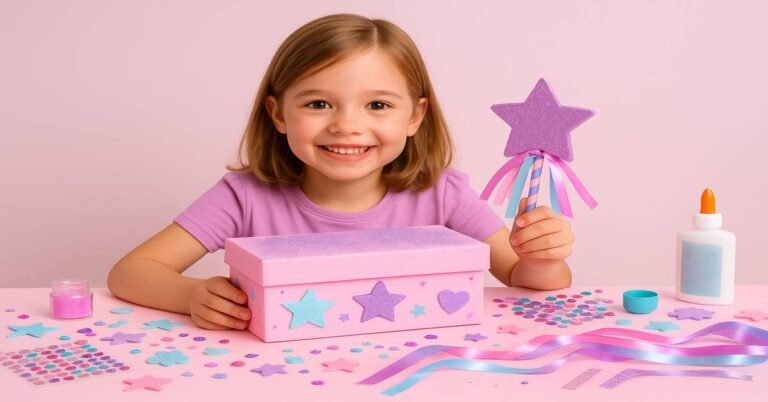 בלוג 1 איך להכין תיבת אוצר מקופסת נעליים - ילדה מחזיקה קופסת נעליים שהיא קישטה ושרביט קסום